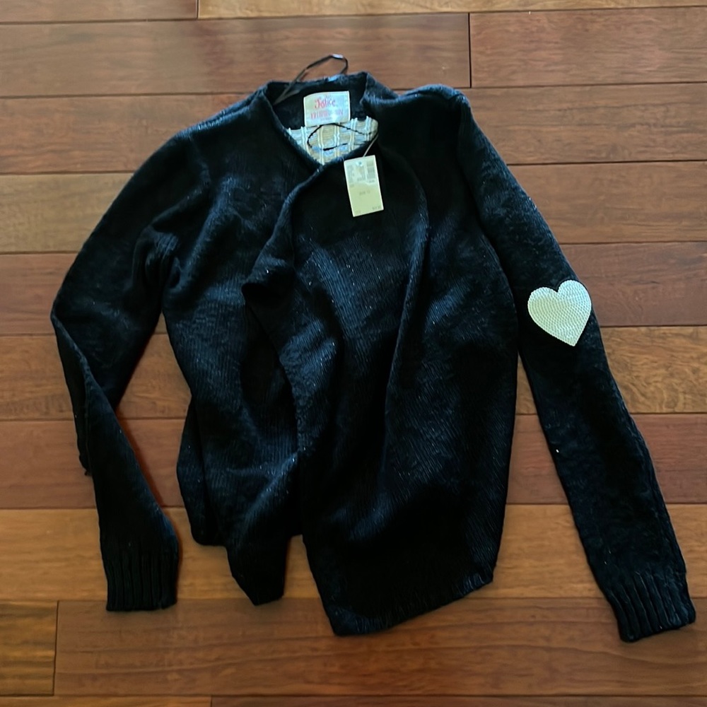 New with tags Justice size 12 open front sweater, MEOW written on back